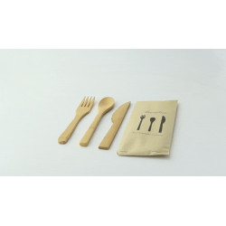 Kit couverts bambou 3/1: couteau fourchette cuillère, emballage transparent 16 cm x 50 unités
