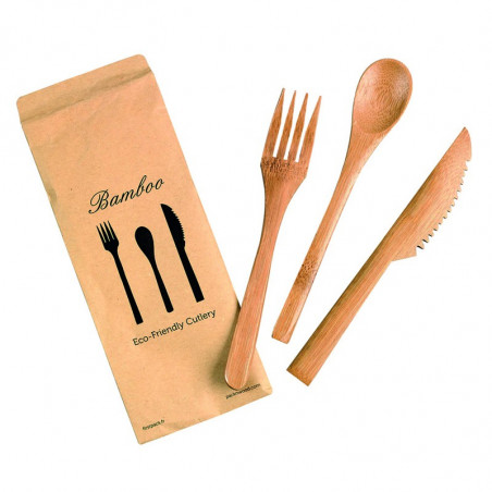 Kit couverts bambou 3/1: couteau fourchette petite cuillère, emballage transparent 16 cm x 50 unités