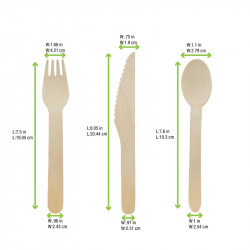 Kit couverts bois 4/1: couteau fourchette cuillère serviette, emballage kraft 16,5 cm x 50 unités