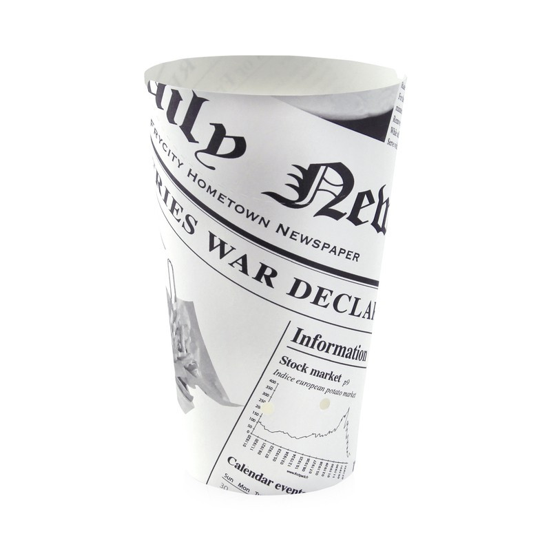 Gobelet snack refermable perforé carton blanc décor journal 480 ml Diam: 8,8 cm 8,8 x 6 x 15,7 cm x 50 unités