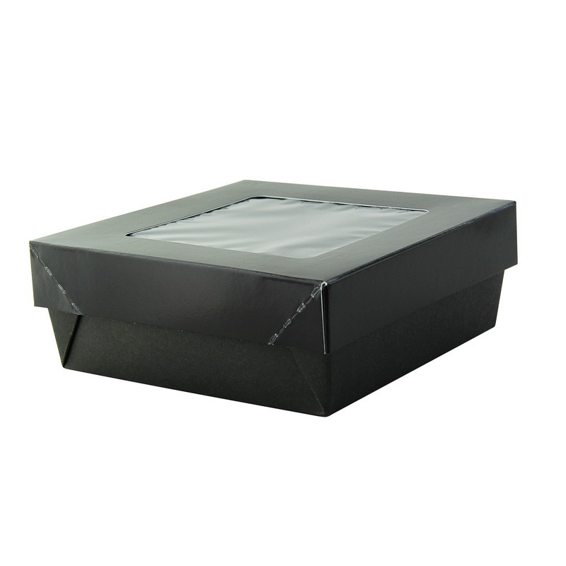 Boîte "Kray" carrée carton noir avec couvercle à fenêtre 13,5 x 13,5 x 5 cm x 25 unités