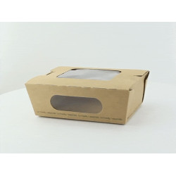 Boîte salade carton kraft brun à double fenêtre PLA 850 ml 15,5 x 11,8 x 5,3 cm x 50 unités