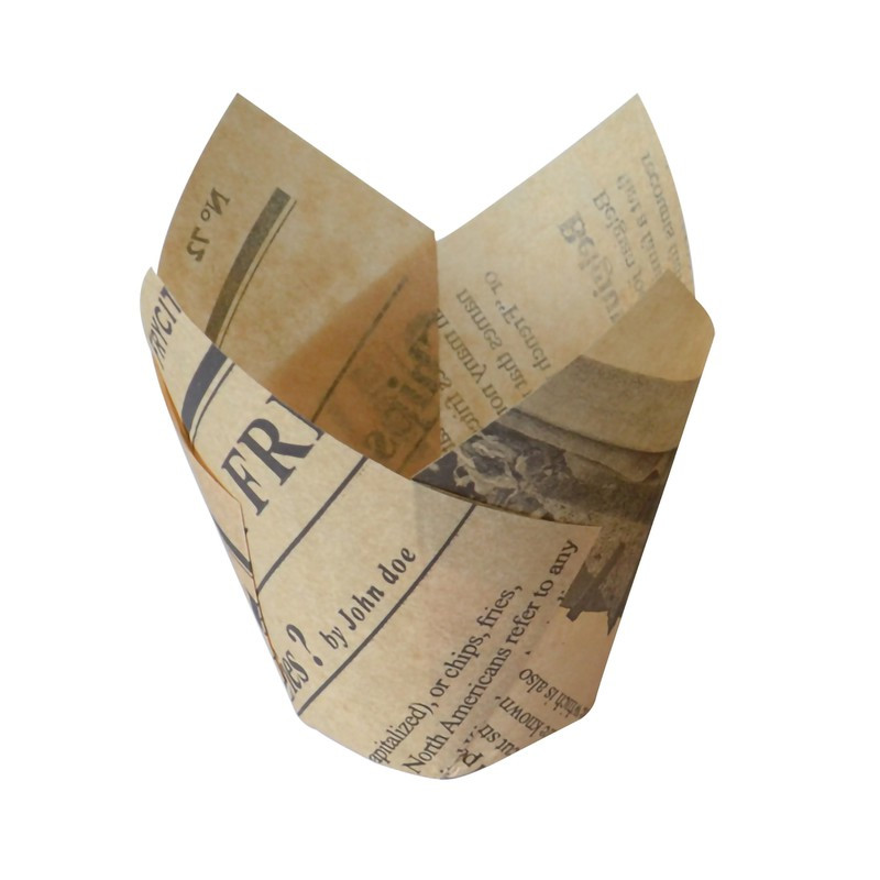 Caissette de cuisson forme tulipe en papier brun ingraissable impression journal 150 ml Diam: 4,5 cm 15 x 15 x 8 cm x 120 unités