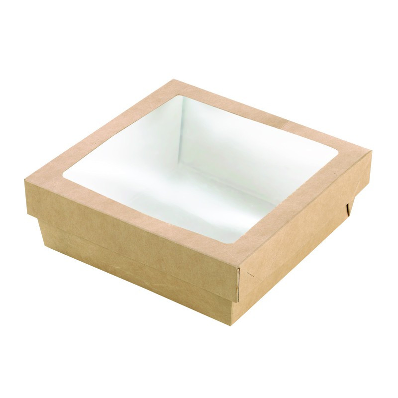 Boîte "Kray" carrée carton brun avec couvercle à fenêtre en PLA 1000 ml 20,5 x 20,5 x 4 cm x 50 unités