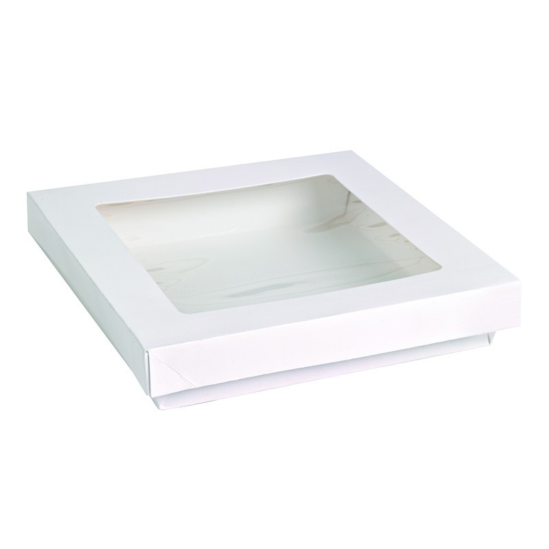 Boîte "Kray" carrée carton blanc avec couvercle à fenêtre en PLA 700 ml 15,5 x 15,5 x 5 cm x 25 unités