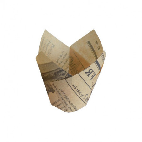Caissette de cuisson papier tulipe brun imprimé journal "Newsie" Diam: 4,5 cm 4,5 x 4,5 x 8 cm x 24 unités