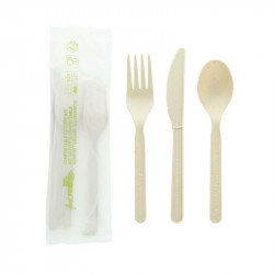 Kit couverts fibre de bambou et CPLA 3/1: couteau fourchette cuillère, emballage compostable 15 cm x 500 unités