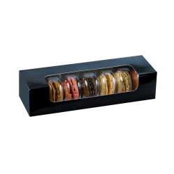 Boîte carton rectangulaire noir 7 macarons avec fenêtre 21,5 x 6,8 x 4,8 cm - 50 unités