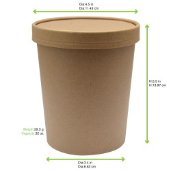 Pot carton brun chaud et froid avec couvercle carton 940 ml Diam: 11,6 cm 11,6 x 8,8 x 13,5 cm x 25 unités