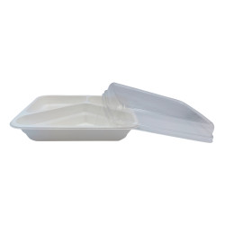 Barquette scellable blanche en pulpe de canne avec 3 compartiments  227x178, H45 mm, 50pcs