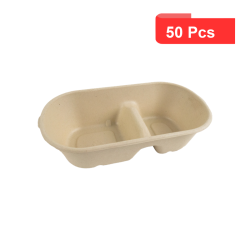 50 Pcs - Boîte rectangulaire brune en pulpe 2 compartiments - 1000 ml, 23,5 x 13 cm, Hauteur: 6 cm