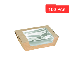 100 Pcs - Boîte salade carton kraft brun - 500 ml, 13,5 x 11,5 x 4 cm, fenêtre
