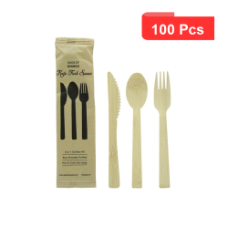 100 Pcs - Kit couverts bambou "Anji" - Couteau, fourchette, cuillère, 17 cm