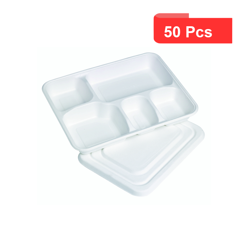 50 Pcs - Plateau repas pulpe 5 compartiments - 282x220 mm, Hauteur: 37,5 mm 50 Pcs - Plateau repas pulpe 5 compartiments - 282x220 mm, Hauteur: 37,5 mm