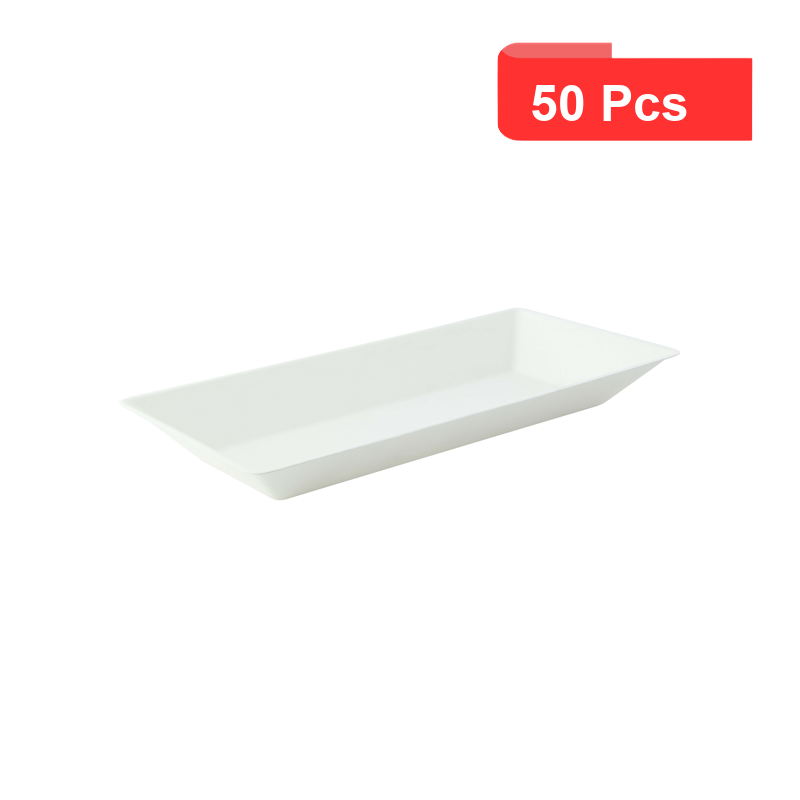 50 Pcs - Assiette rectangulaire blanche en pulpe - 260 x 130 mm, Hauteur: 28 mm 50 Pcs - Assiette rectangulaire blanche en pulpe - 260 x 130 mm, Hauteur: 28 mm