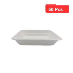 50 Pcs - Barquette scellable blanche en pulpe de canne - 2 compartiments, 227x178 mm, Hauteur: 45 mm