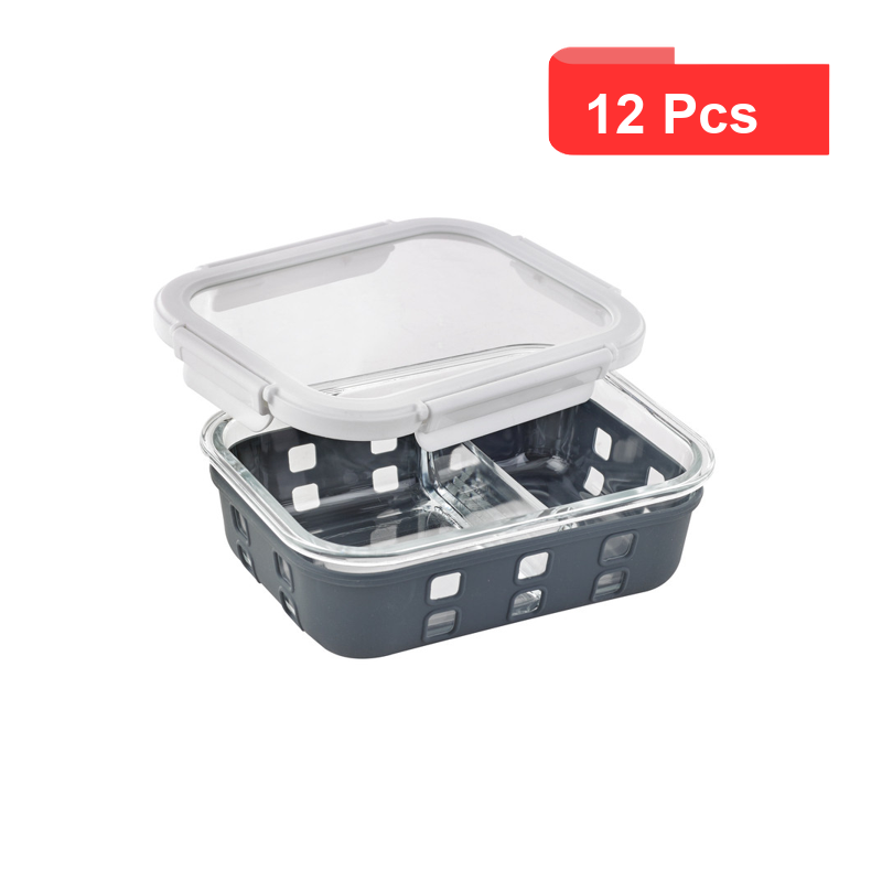 12 Pcs - Boîte rectangulaire en verre - Compartiment, couvercle transparent, protection en silicone, 198x148 mm, H60 mm 12 Pcs - Boîte rectangulaire en verre - Compartiment, couvercle transparent, protection en silicone, 198x148 mm, H60 mm