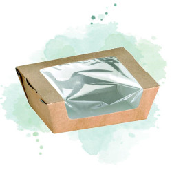 250 Pcs - Boîte salade carton kraft brun - 375 ml, 12 x 10 x 4 cm, avec fenêtre