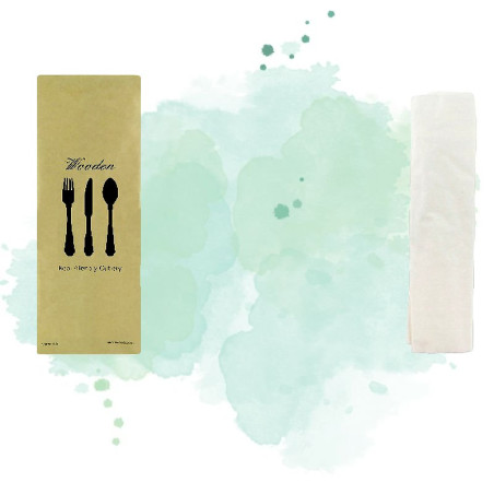50 Pcs - Kit couverts bois 4/1: couteau fourchette cuillère serviette, emballage kraft 16,5 cm