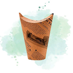 50 Pcs - Gobelet snack refermable perforé carton brun décor journal 480 ml Diam: 10,5 cm 10,5 x 6 x 12,3 cm