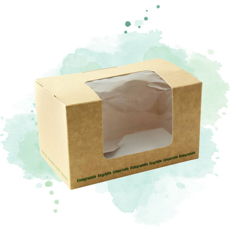 50 Pcs - Boîte sandwich carton brun avec fenêtre PLA - 12,5 x 7,7 x 7,2 cm
