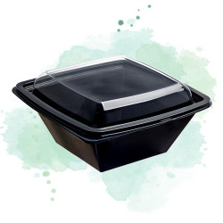 25 Pcs - Saladier PET carré noir avec couvercle - 750 ml, 190x190 mm, Hauteur: 50 mm