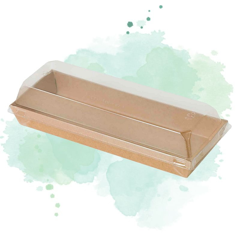 50 Pcs - Barquette sushi carton kraft - 209x78 mm, Hauteur: 25 mm, avec couvercle PET 50 Pcs - Barquette sushi carton kraft - 209x78 mm, Hauteur: 25 mm, avec couvercle PET