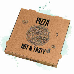 100 Pcs - Boîte à Pizza "Hot And Tasty" - 33 x 33 cm, Hauteur: 4 cm