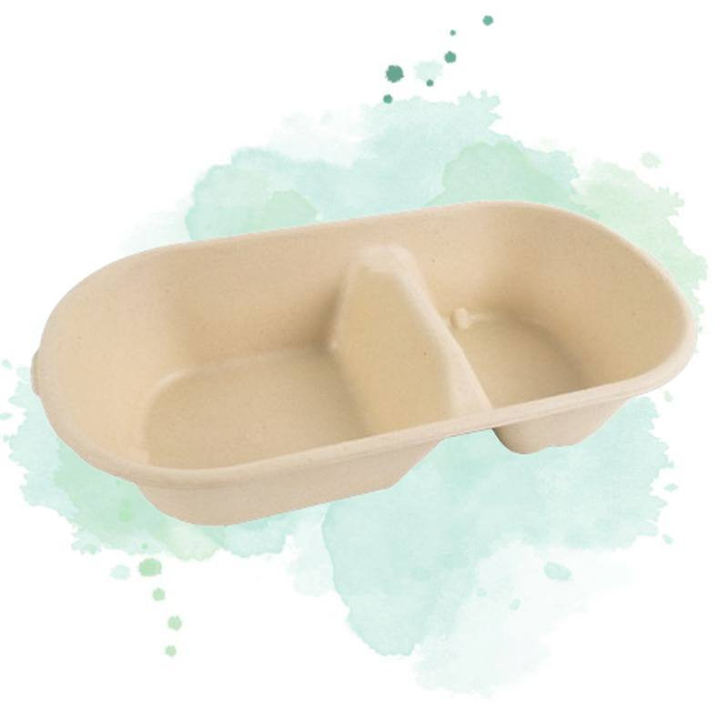 50 Pcs - Boîte rectangulaire brune en pulpe - 825 ml, 2 compartiments, 23,5 x 13 x 5 cm