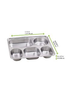 10 Pcs - Plateau repas inox 5 compartiments - 280x220 mm, H40 mm, couvercle PP 2