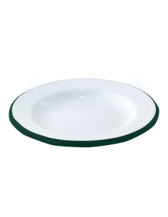12 Pcs - Assiette en acier émaillé blanc bord vert - Ø160 mm, Hauteur: 25 mm