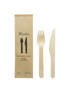 50 Pcs - Kit couverts en bois - Couteaux et fourchettes, H: 165 mm, emballage kraft