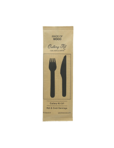50 Pcs - Kit couverts bois 3 en 1 - Couteau, fourchette, serviette, H: 165 mm