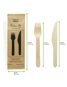 50 Pcs - Kit couverts bois 3 en 1 - Couteau, fourchette, serviette, H: 165 mm 2
