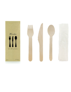 50 Pcs - Kit couverts bois 4/1: couteau fourchette cuillère serviette, emballage kraft 16,5 cm