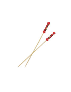 100 Pcs - Pique en bambou "Fuji" - 11,2 cm, décor rouge, perles naturelles