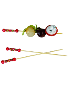 100 Pcs - Pique en bambou "Fuji" - 11,2 cm, décor rouge, perles naturelles 2