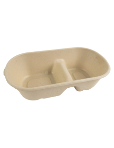 50 Pcs - Boîte rectangulaire brune en pulpe 2 compartiments - 1000 ml, 23,5 x 13 cm, Hauteur: 6 cm