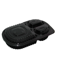400 Pcs - Boîte repas plastique PP noire - 3 compartiments, 235x145 mm, 780 ml