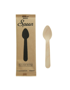 50 Pcs - Cuillère café en bois - 110 mm, emballée en papier kraft