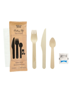 50 Pcs - Kit couverts en bois 6/1 - H165 mm, comprenant couteau, fourchette, cuillère, serviette, sel et poivre