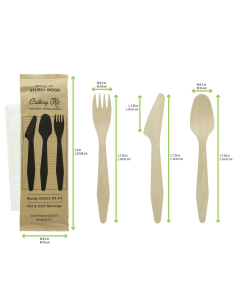 50 Pcs - Kit couverts en bois 4 en 1 - H185 mm, comprenant couteau, fourchette, cuillère, serviette 2