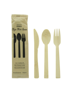 100 Pcs - Kit couverts bambou "Anji" - Couteau, fourchette, cuillère, 17 cm