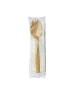 250 Pcs - Kit couverts en bois 2/1 - Fourchette, cuillère, serviette, 14,7 cm
