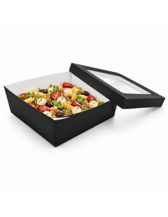 25Pcs - Boîte "Kray" carrée carton noir avec couvercle à fenêtre 245x245mm H80mm 4 200ml 2