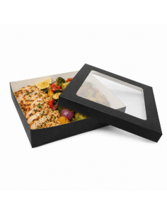25Pcs - Boîte "Kray" carrée carton noir avec couvercle à fenêtre 265x265mm H50mm 3000ml 2