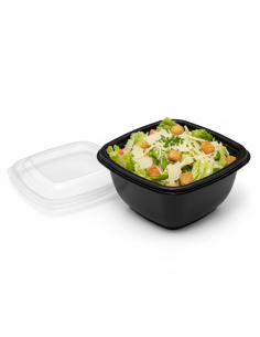 25 Pcs - Saladier PET carré noir avec couvercle - 480 ml, 130 x 130 mm, Hauteur: 60 mm