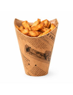50 Pcs - Gobelet snack refermable perforé carton brun décor journal 480 ml Diam: 10,5 cm 10,5 x 6 x 12,3 cm 2