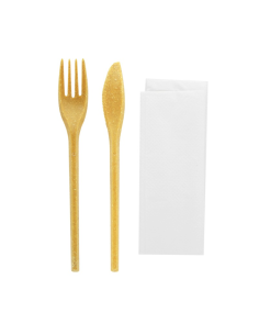 50 Pcs - Kit couverts réutilisables en bois composite - Fourchette, couteau, serviette, 250 mm