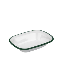 12 Pcs - Barquette en acier émaillé blanc bord vert - 350 ml, 180 x 130 mm, H: 40 mm